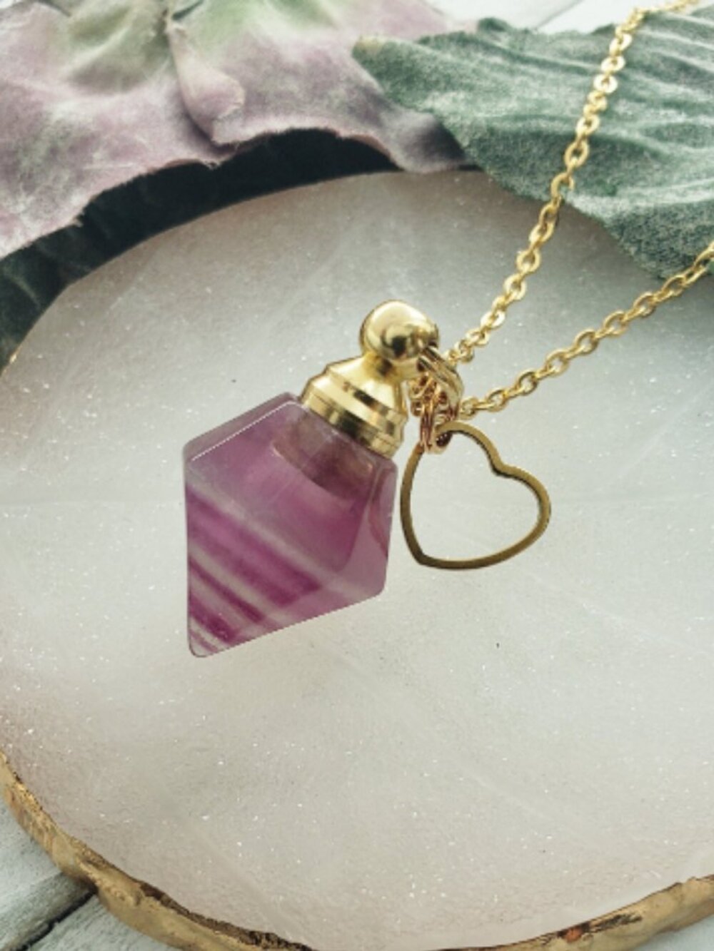 Purple Crystal Refillable Perfume Bottle Locket Pendant Necklace Heart Charm